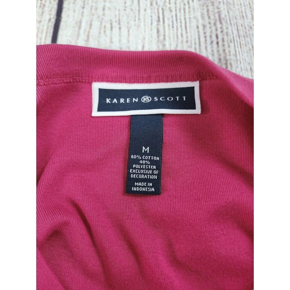 Karen Scott Women's Top Size Medium Pink Fuscia Boatneck Lace up Sleeves - Picture 2 of 6